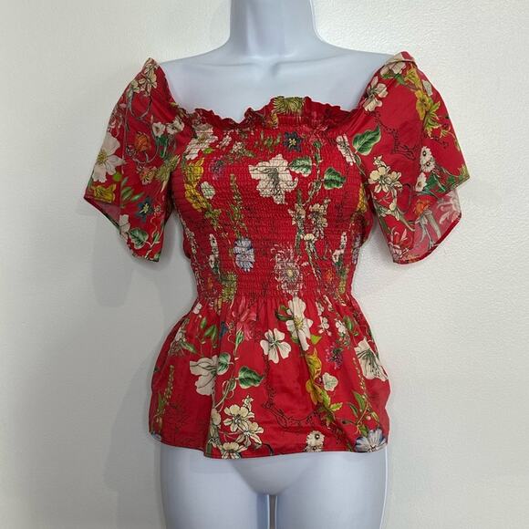 PARKER XS Penn Off-the-Shoulder Floral-Print Blouse, Red, Designer, Smocked - Picture 5 of 9